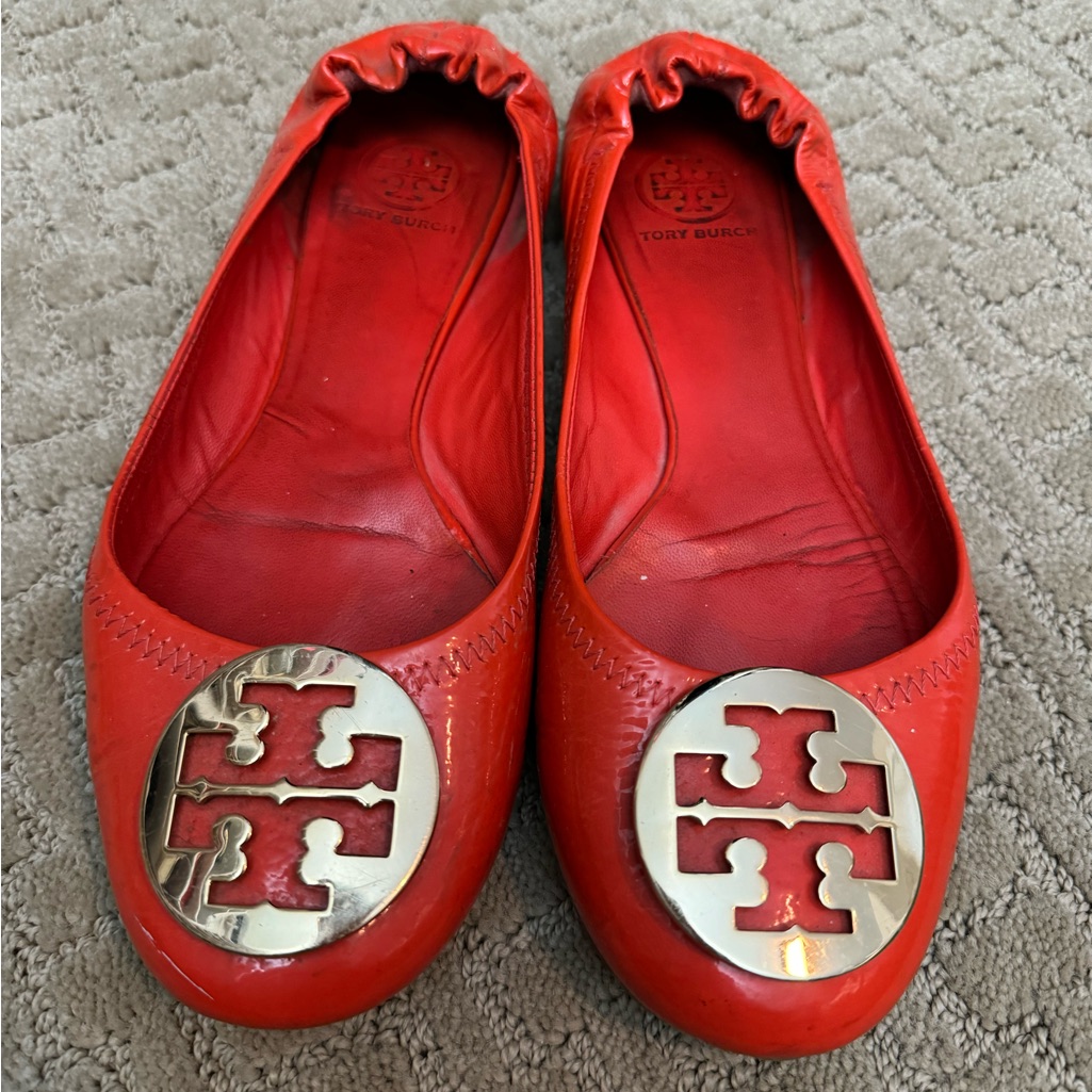 Tory Burch Orange Size 8 Patent Leather Reva Ballet Flats Used Condition